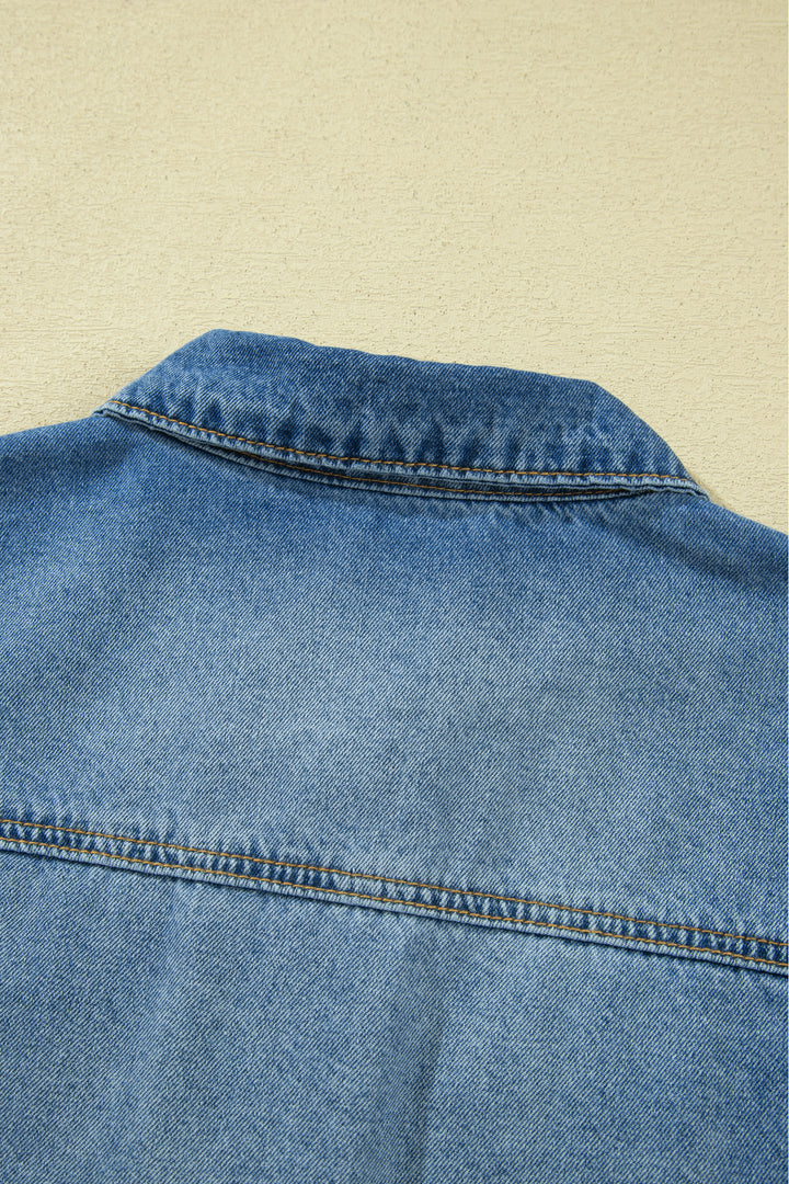 Blue Ruffle Hem Raw Edge Half Sleeve Western Denim Jacket
