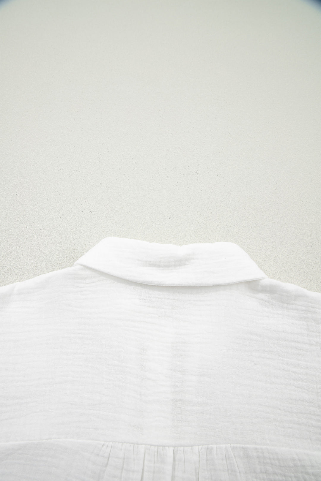 White Cotton Lace Trim Cuffed Short Sleeve Textured Shirt