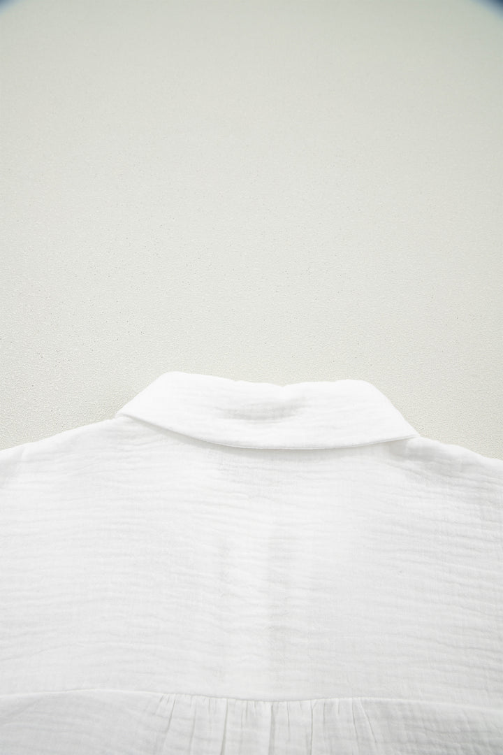 White Cotton Lace Trim Cuffed Short Sleeve Textured Shirt