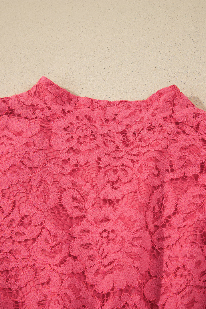 Coral Floral Lace Overlay Zip Up V Neck Smocked Waist Sleeveless Dress
