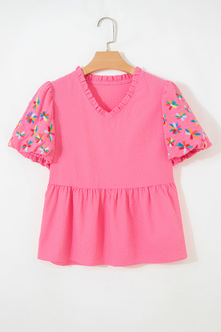 Sachet Pink Frilled V Neck Flower Embroidered Puff Sleeve Textured Blouse
