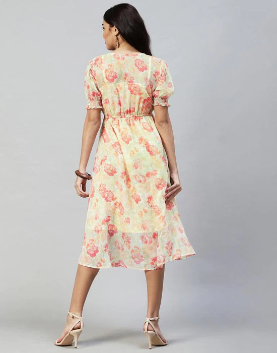 Pastel Yellow Printed Chiffon Flared Dress | Women