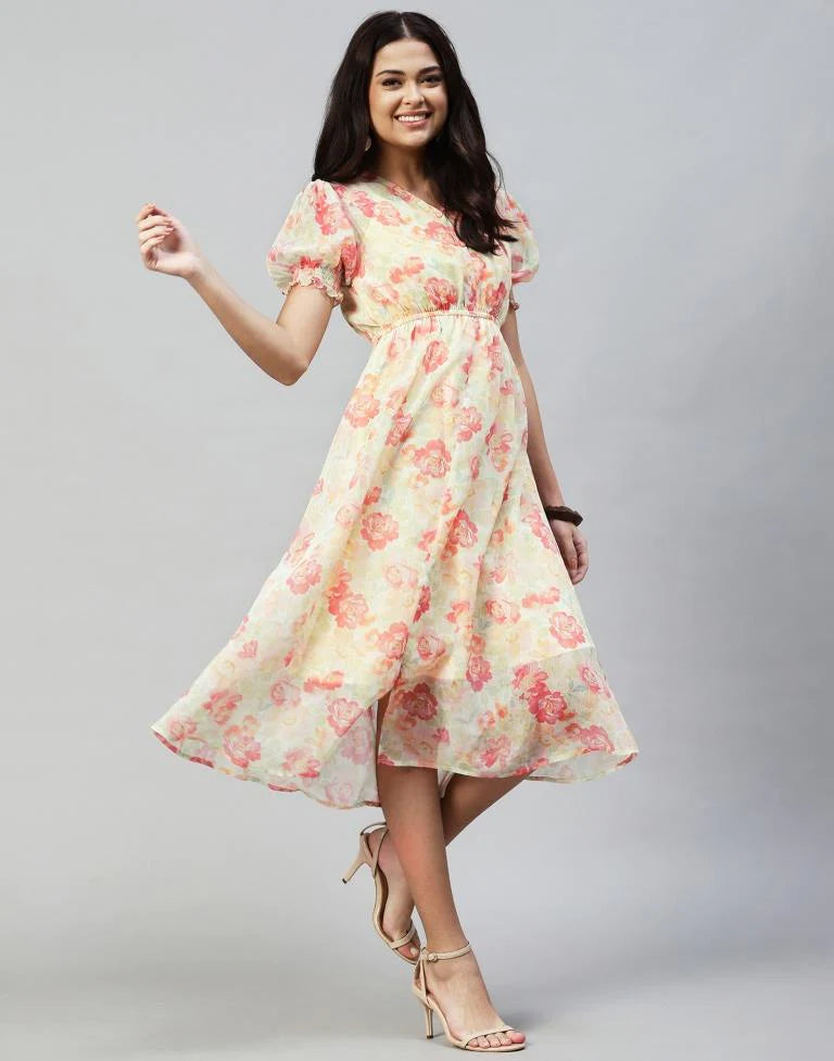 Pastel Yellow Printed Chiffon Flared Dress | Women