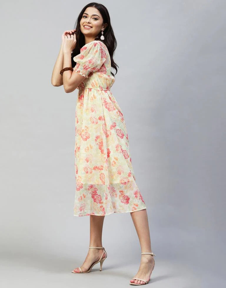 Pastel Yellow Printed Chiffon Flared Dress | Women