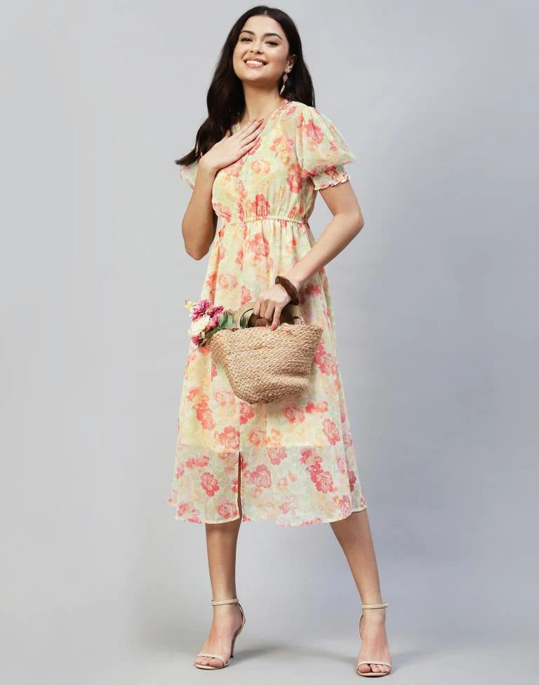 Pastel Yellow Printed Chiffon Flared Dress | Women