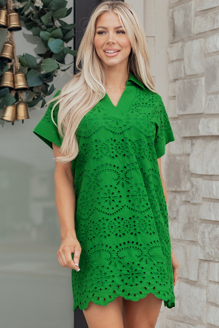 Green Solid Color Eyelet Embroidered T Shirt Mini Dress
