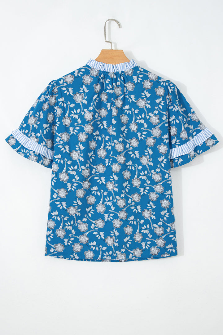 Blue Floral Print Button Tie Neck Striped Detail Short Sleeve Blouse