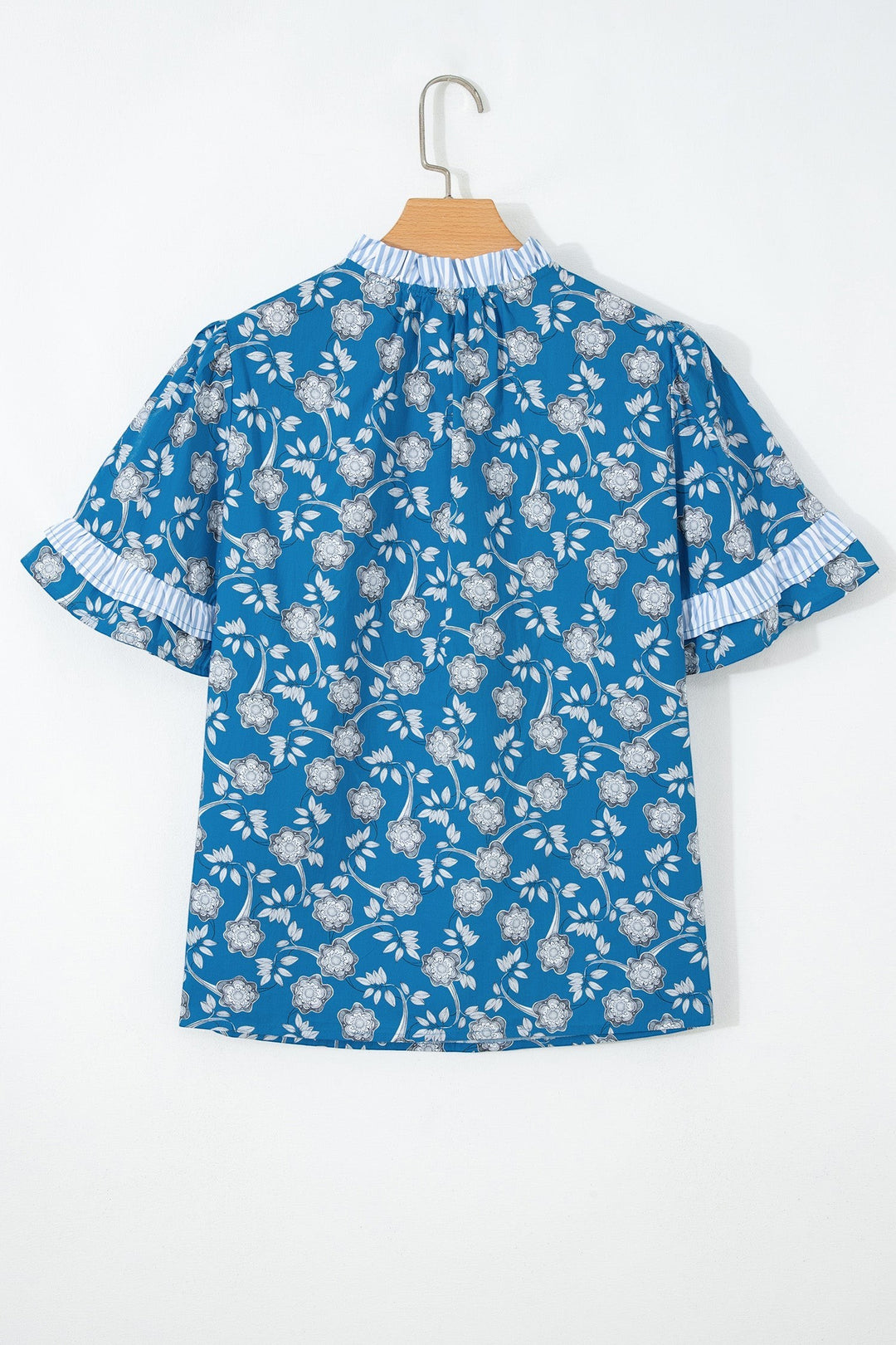Blue Floral Print Button Tie Neck Striped Detail Short Sleeve Blouse
