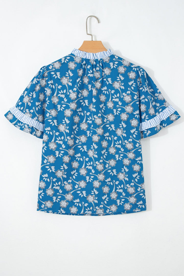 Blue Floral Print Button Tie Neck Striped Detail Short Sleeve Blouse