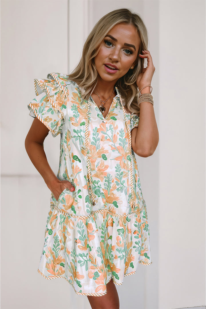 Orange Floral Contrast Edge Layered Short Sleeve Mini Dress