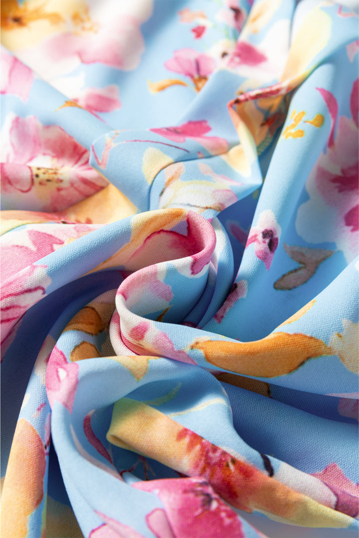 Sky Blue Floral Smocked Cuff Flounce Sleeve V Neck Blouse