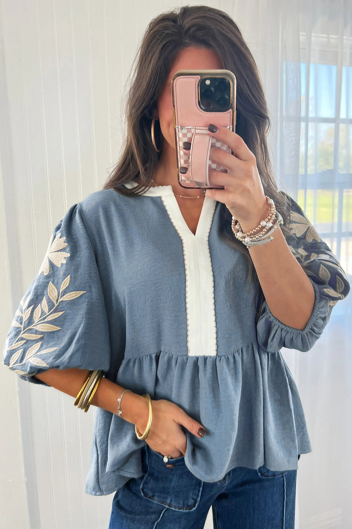 Myosotis Color Block Patchwork V Neck Embroidered Puff Sleeve Babydoll Blouse