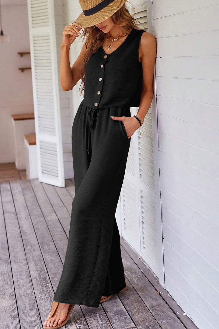 Black Buttoned Vest Drawstring Wide Leg Pants 2pcs Set