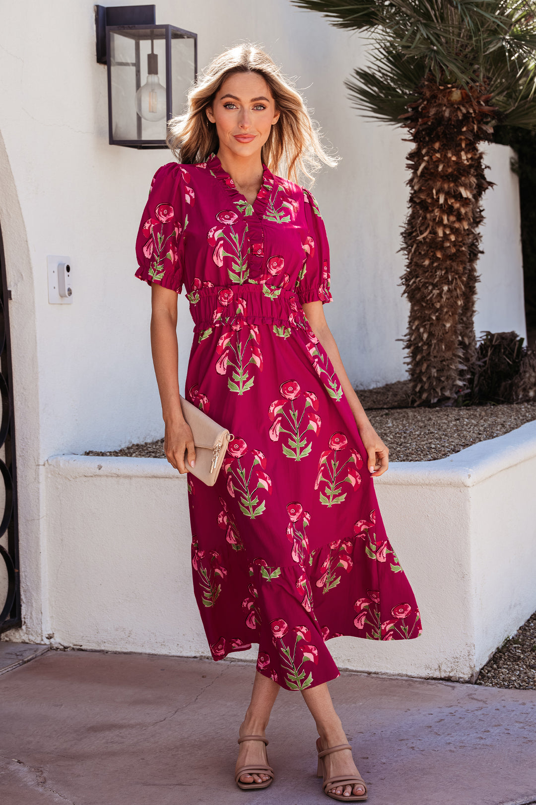 Red Floral Print Frilled V Neck Short Sleeve Ruffle Maxi Dress