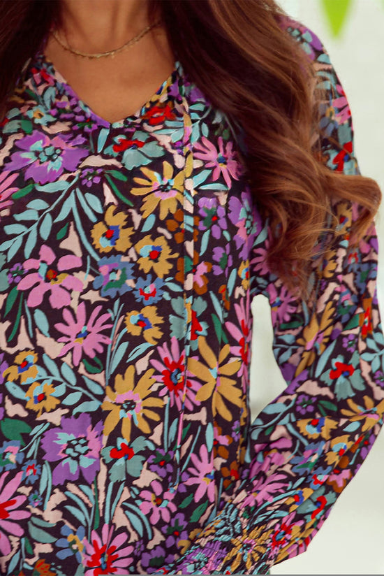 Multicolor Floral Print Ruffled Long Sleeve V-Neck Blouse | Women