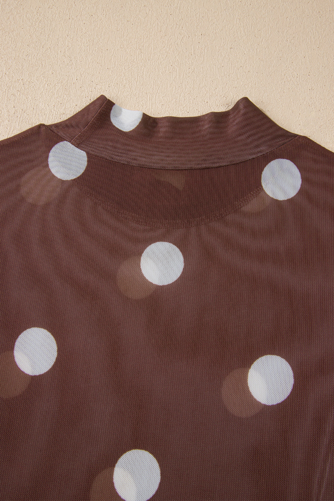Brown Vintage Polka Dot Print Mesh Long Sleeve Bodysuit
