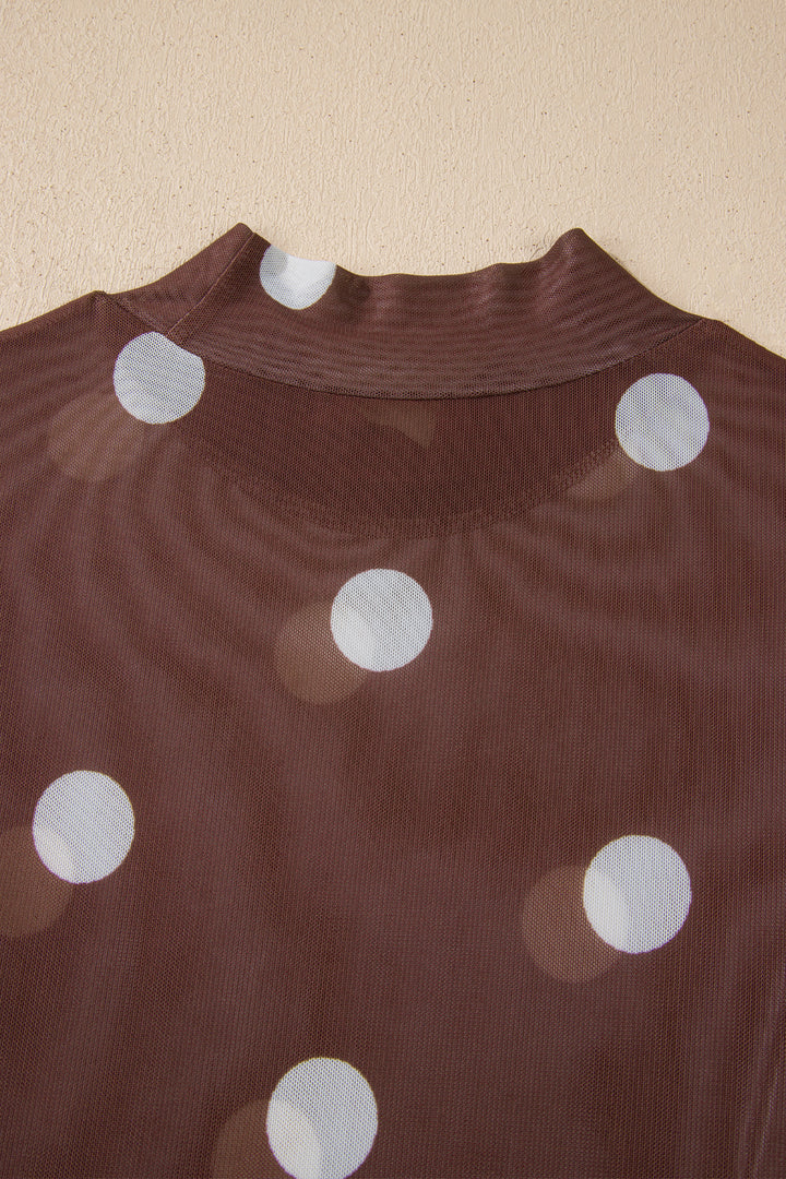Brown Vintage Polka Dot Print Mesh Long Sleeve Bodysuit