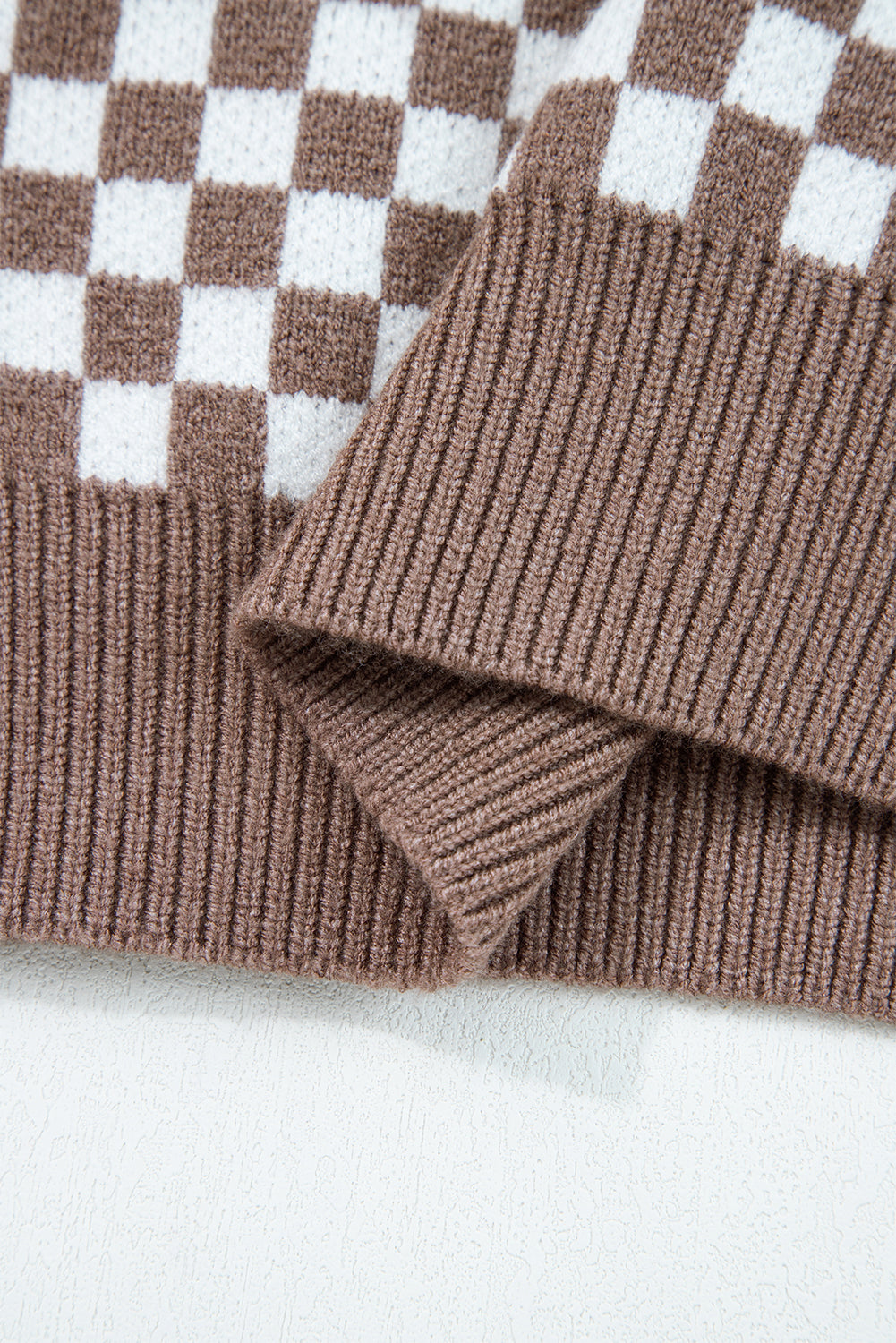 Dark Brown Half Button Ribbed Trim Checkerboard Knit Sweater