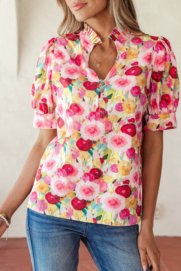 Pink Floral Frilled V Neck Puff Short Sleeve Cotton Blouse