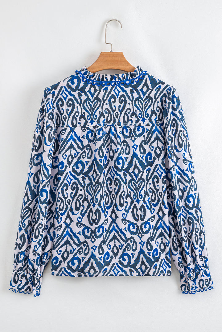 Blue Bohemian Print Embroidered V Neckline Detail Long Sleeve Shirt