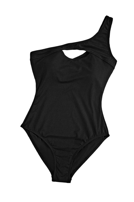 Black Ribbed One Shoulder Hollowed One Piece Swimsuit