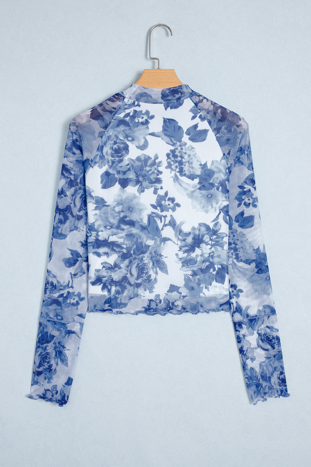 Sky Blue Floral Print Long Sleeve Stand Neck Mesh Top