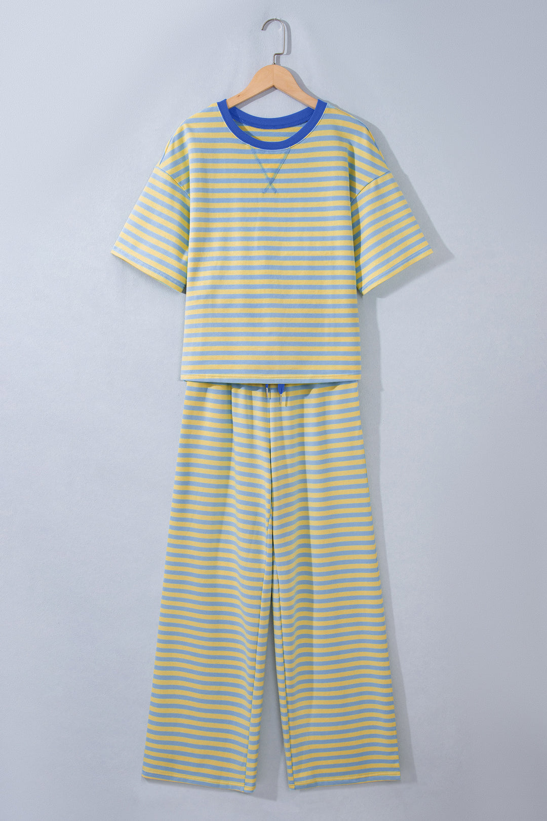 Yellow Stripe Colorblock Trim Crew Neck Loose Tee Drawstring Elastic Waist 2pcs Pant Set
