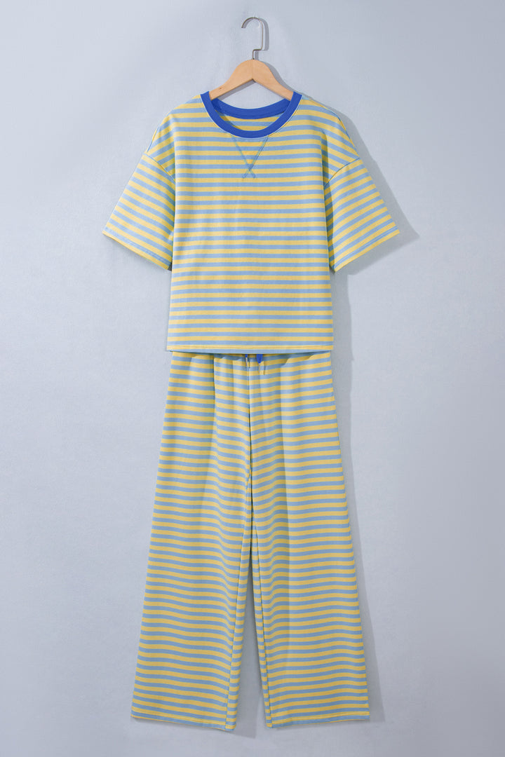 Yellow Stripe Colorblock Trim Crew Neck Loose Tee Drawstring Elastic Waist 2pcs Pant Set