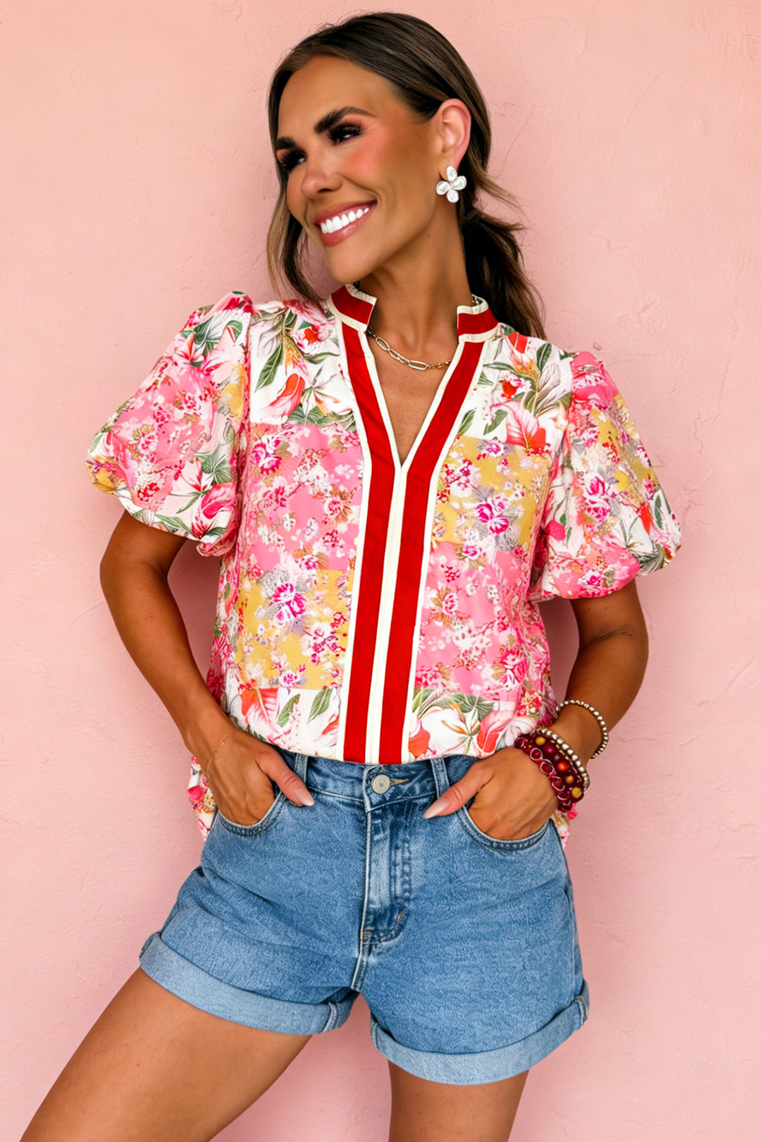 Pink Contrast Collared V Neck Short Sleeve Floral Blouse