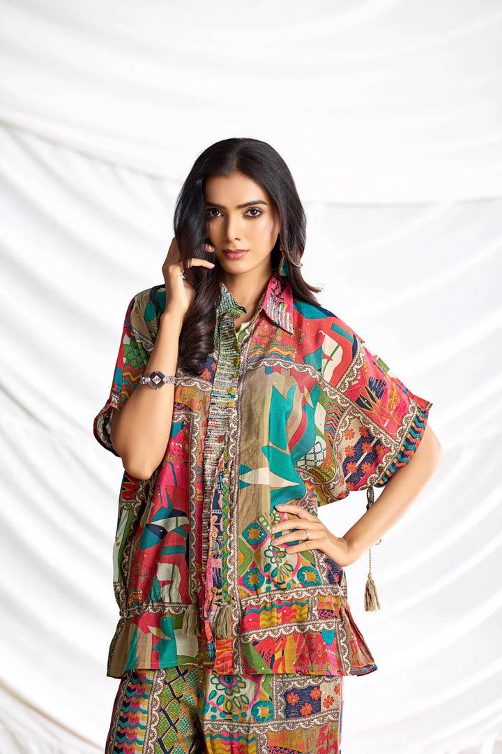 Beige Collered Neck Printed Chanderi Co-Ord Set