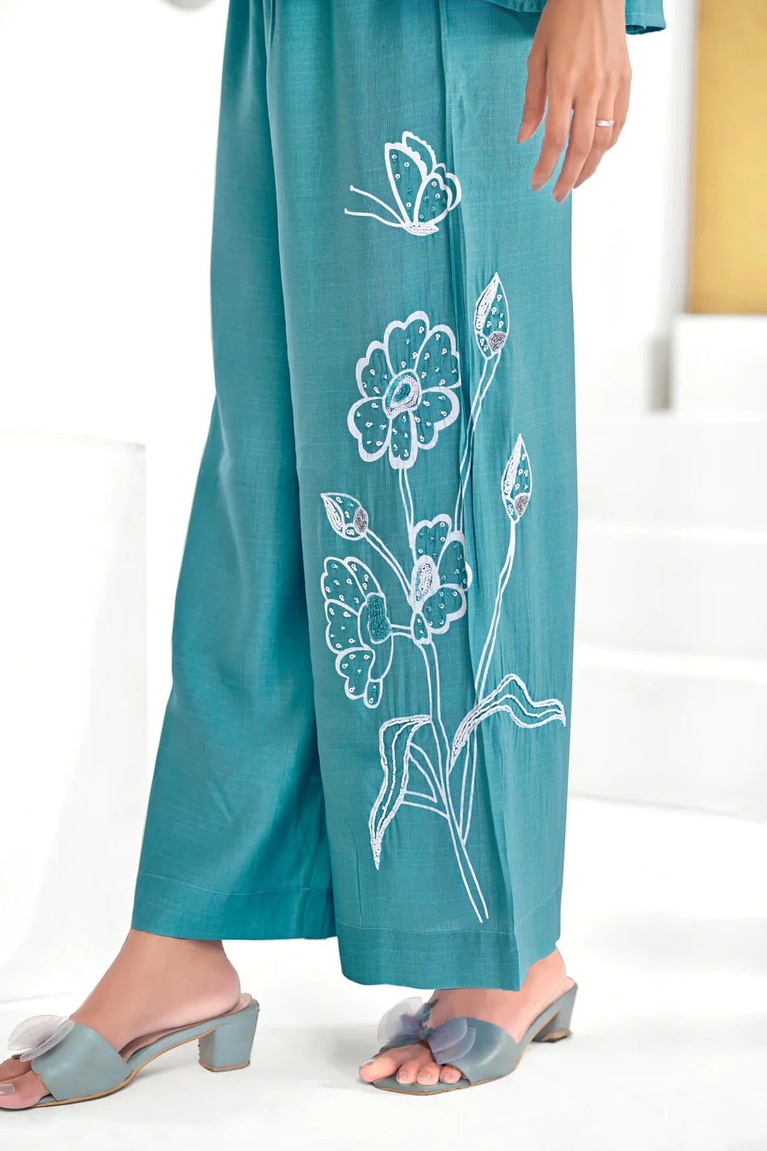 Ice Blue Floral Print Cotton Coord Set