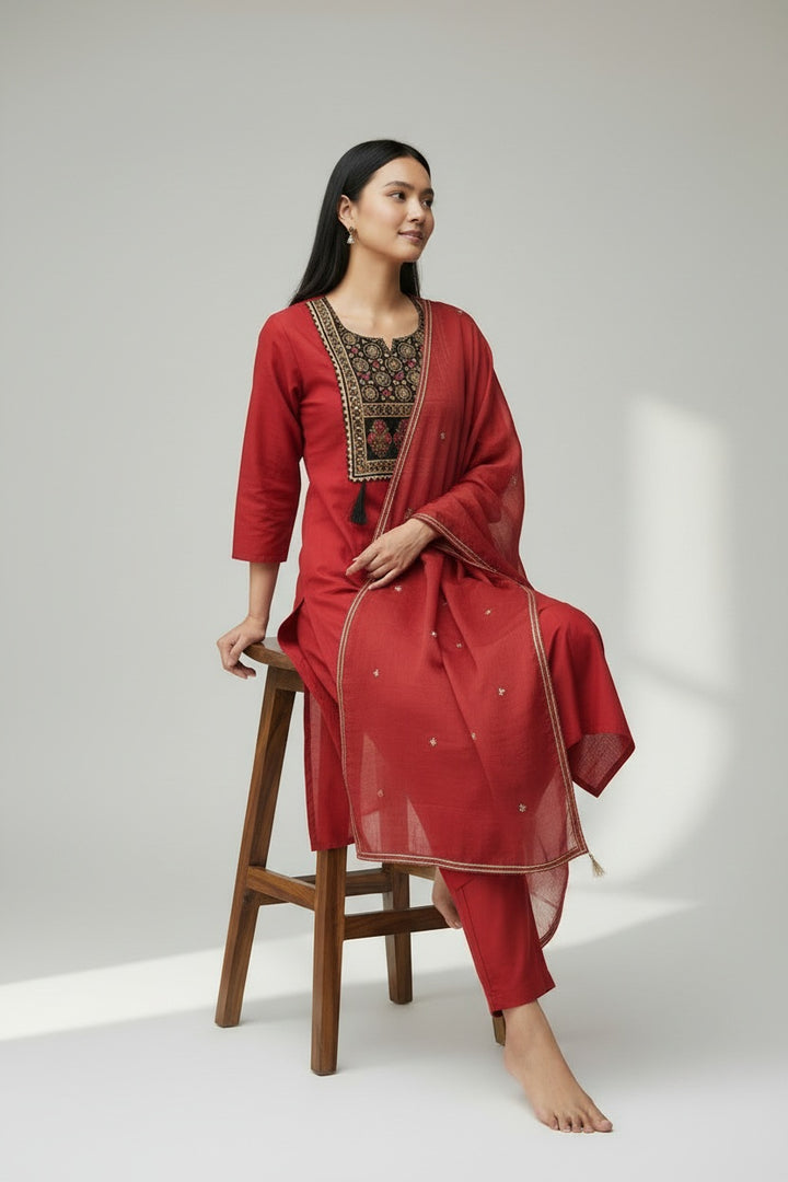 Embroidered Yoke Red Kurta Set with Straight Pants