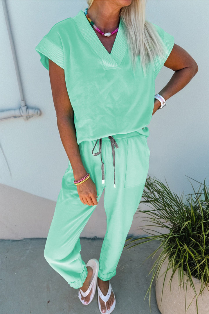 Mint Green Solid Color V Neck Tee Drawstring Pant Set