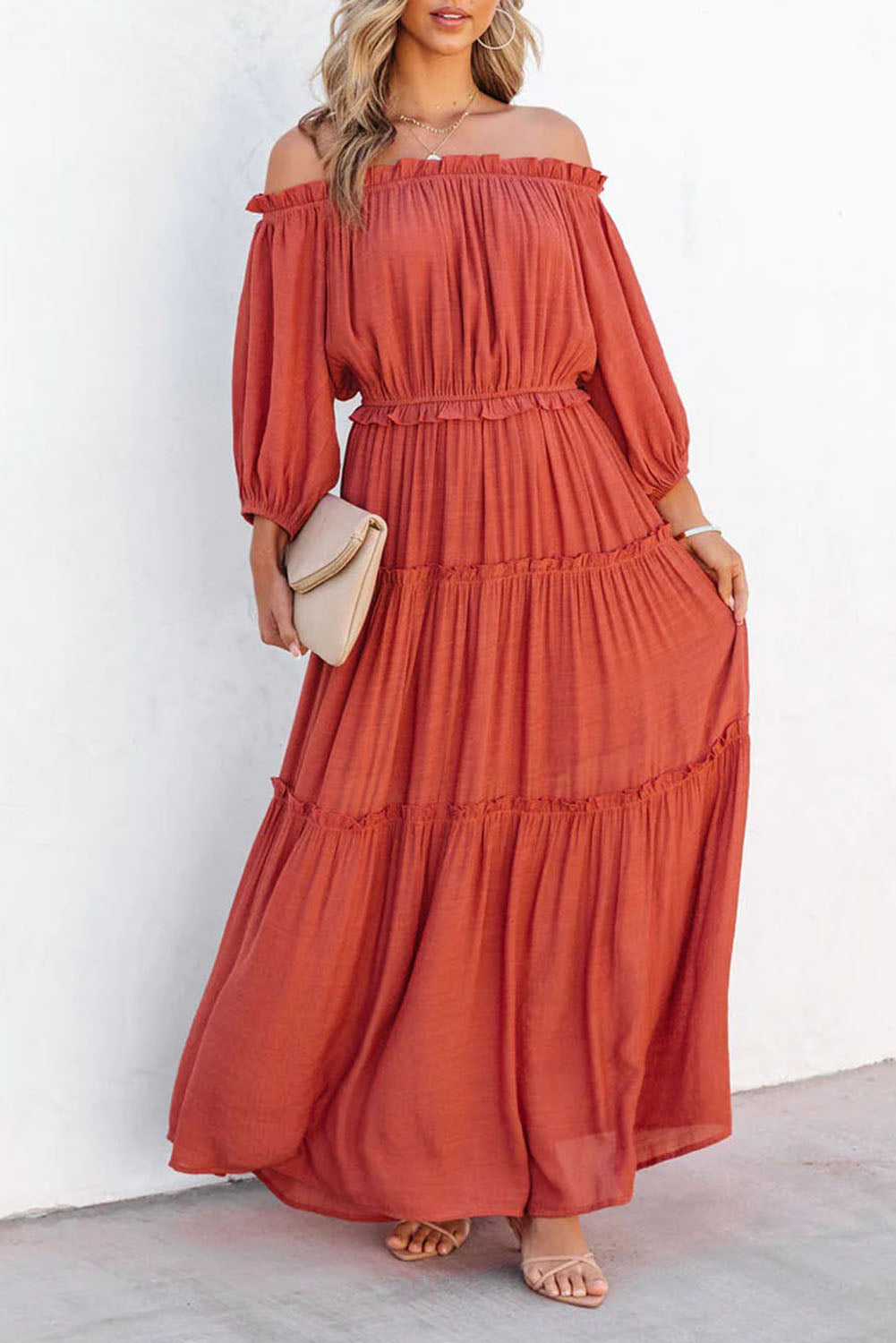 Orange Off Shoulder Balloon Sleeve Cutout Ruffled Maxi Dress  | Women