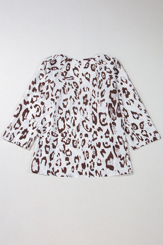 Khaki Leopard Print Ruched V Neck 3/4 Sleeve Blouse