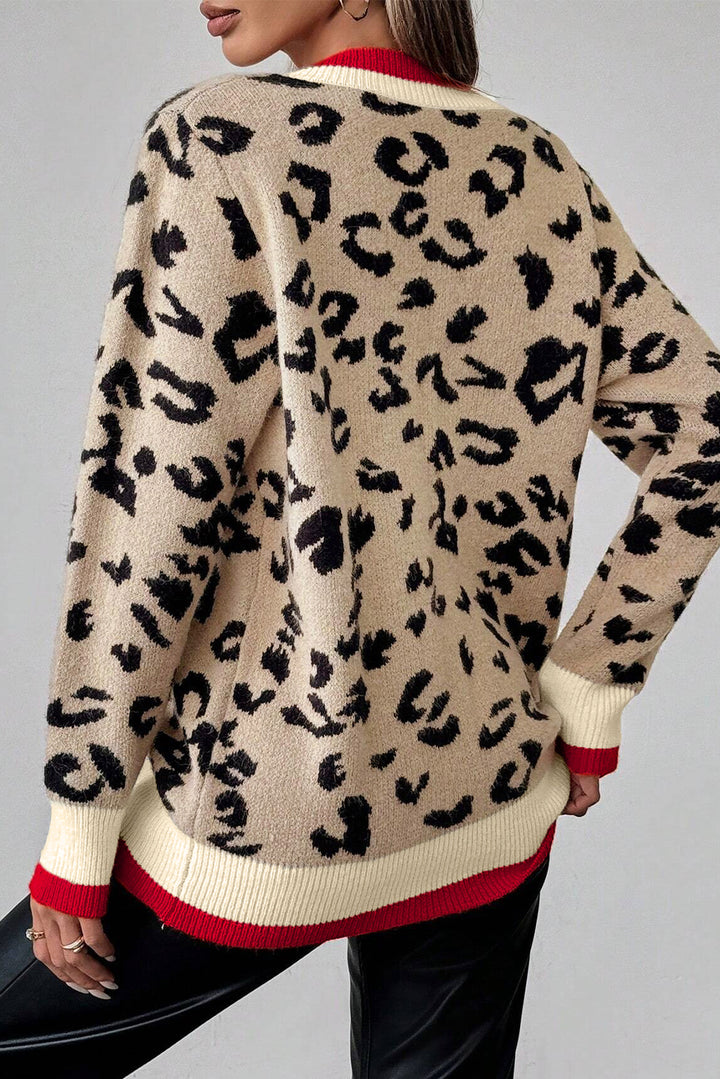 Khaki Leopard Pattern V-Neck Contrast Rib Knitted Sweater