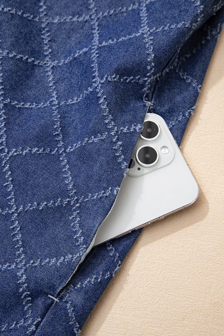 Sail Blue Rhombus Textured Collar Buttoned V Neck Denim Sleeveless Mini Dress