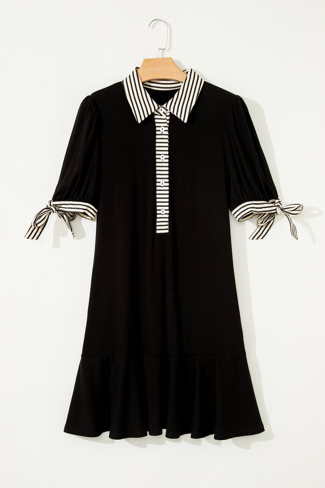 Black Stripe Detail Polo Collar Half Buttons Tied Short Sleeve Shift Mini Dress