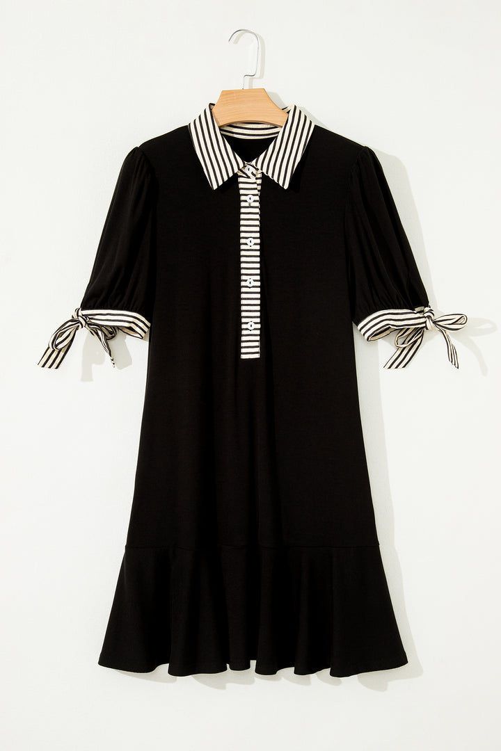 Black Stripe Detail Polo Collar Half Buttons Tied Short Sleeve Shift Mini Dress