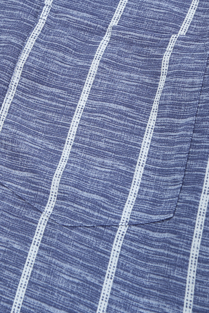 Blue Striped Print V Neck Half Buttons Loose Blouse