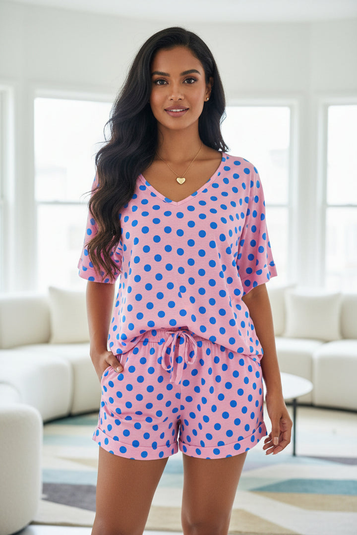 Pink Polka Dot Print V Neck Tee Short Set