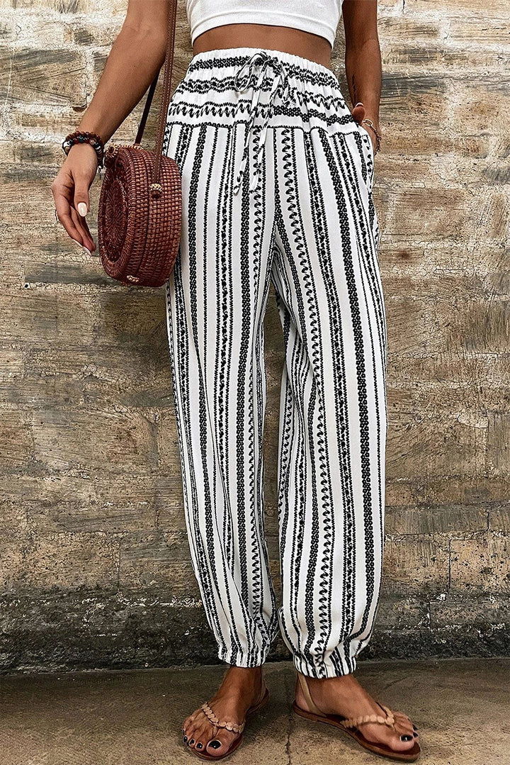Black Stripe Boho Print Drawstring Elastic Waistband Casual Joggers