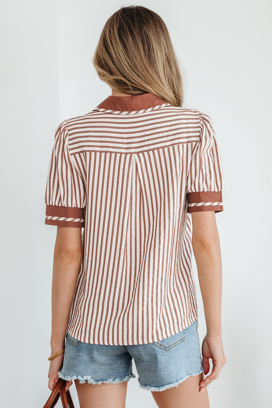 Khaki Stripe Collared Split Neck Short Bubble Sleeve Blouse
