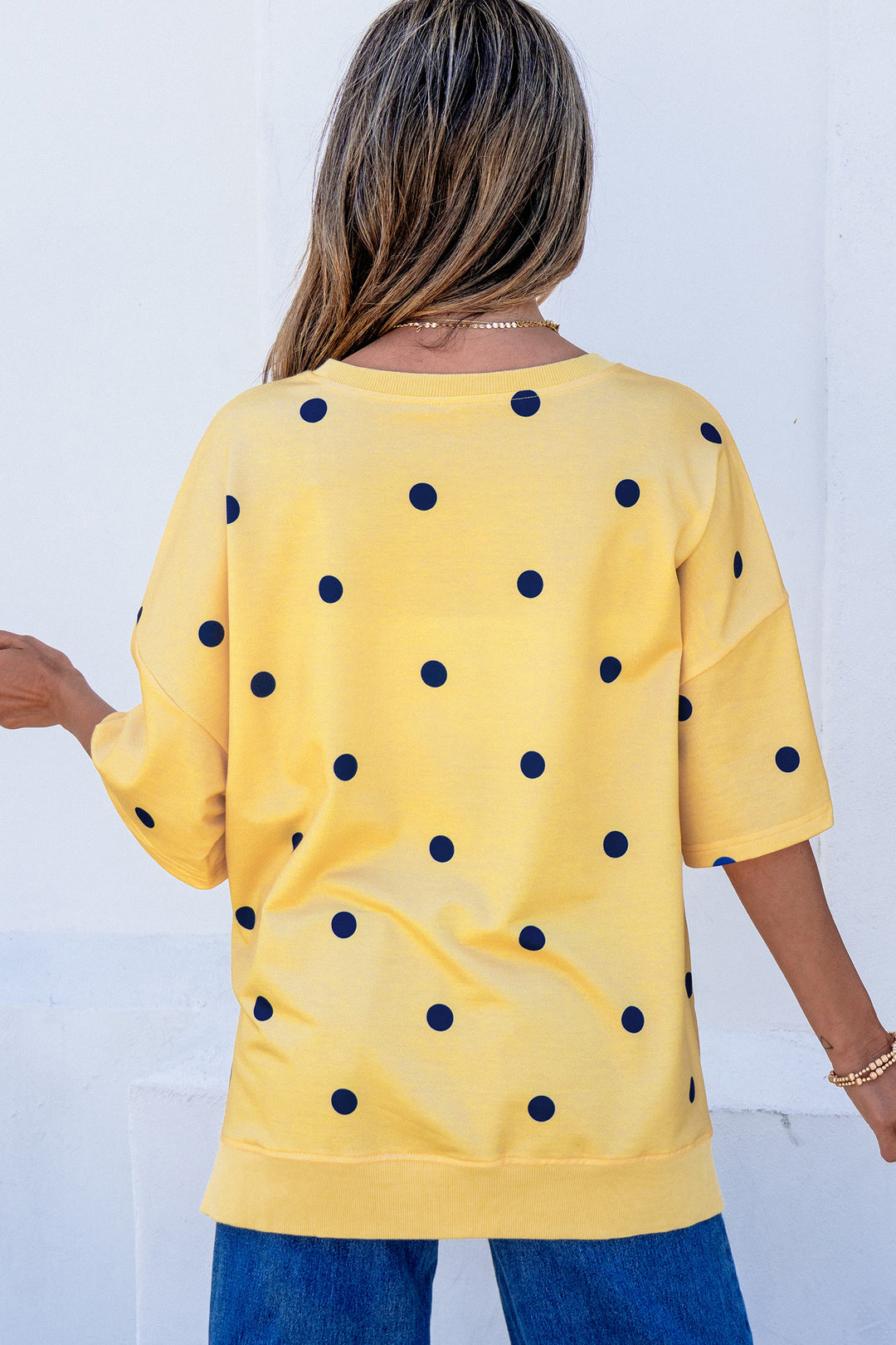 Yellow Polka Dot Print Crossed Seam Detail Oversize Tee