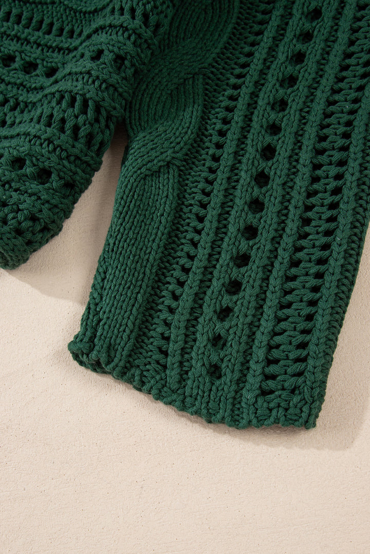 Blackish Green Hollow-out Cable Knit Cropped Sweater