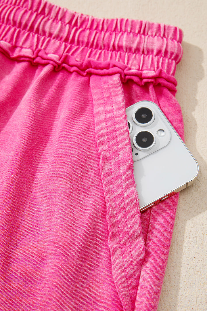 Rose Red Mineral Washed Drawstring Elastic Waist Raw Cut Shorts