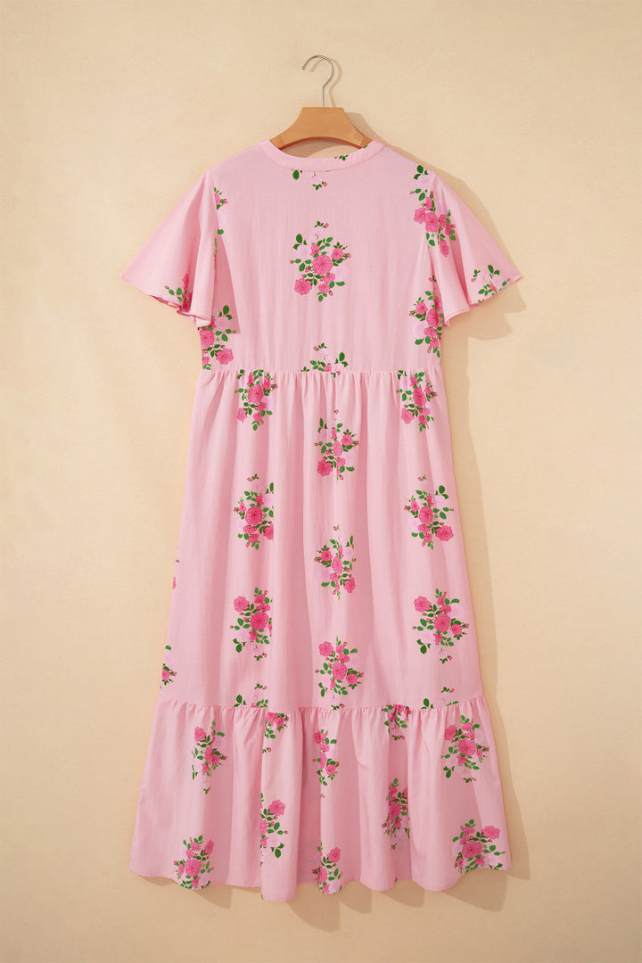 Pink Notched Neck Flutter Short Sleeve Floral Print Maxi Dress