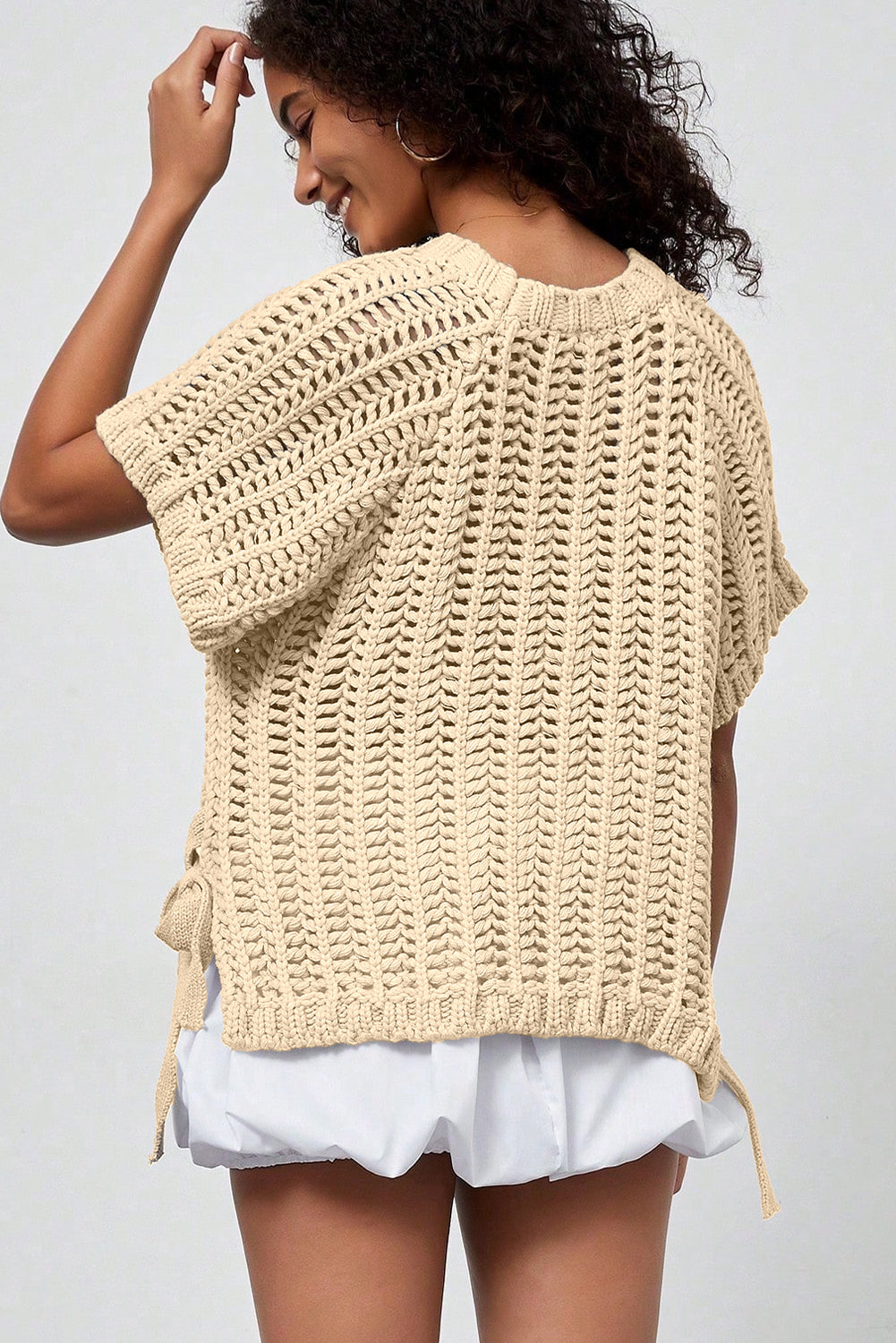 Black Plus Size Open Knit Bow Tie Short Sleeve Sweater