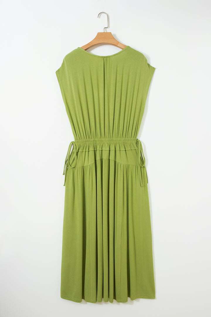 Fern Green Solid V Neck Cap Sleeve Tunic Elastic Waist Versatile Maxi Dress