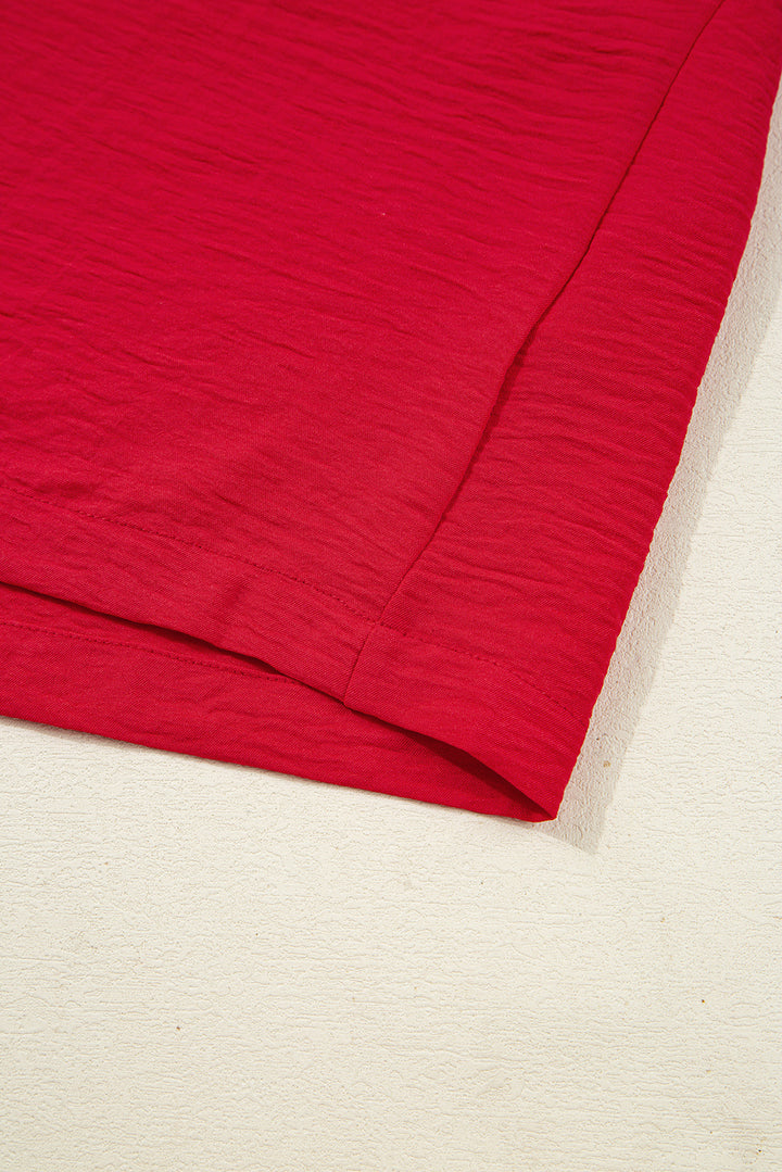 Fiery Red V Neck Collared Shirred 3/4 Sleeve Oversized Tunic Top